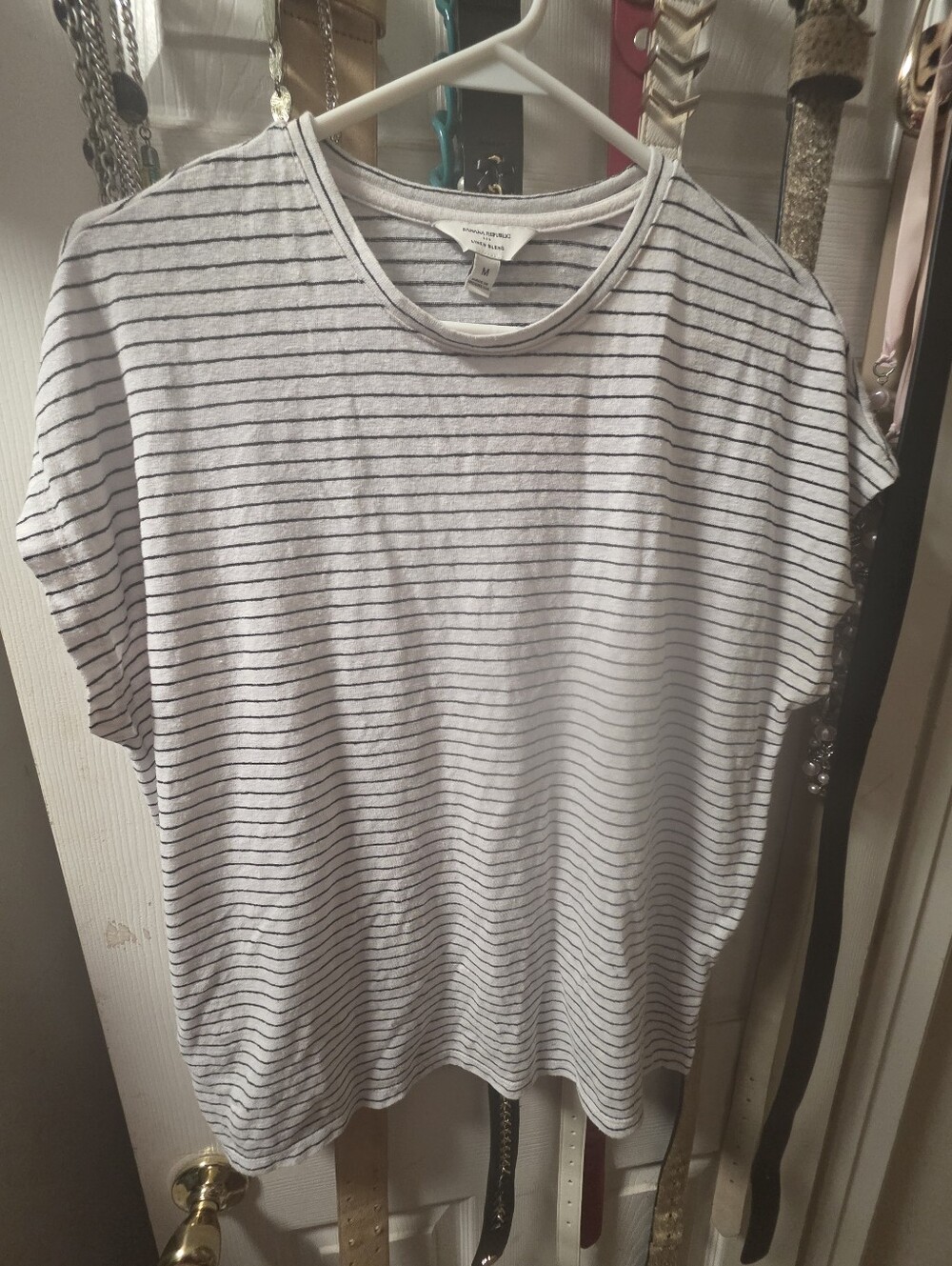 Woens White & Black Striped Tee - Casual Short Sleeve Top